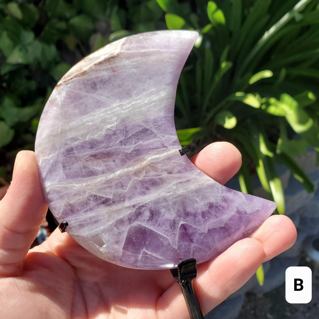 Light Dream Amethyst Moon on Stand - Calming, Energetic Protection, Positivity, Divine Love - Purple Amethyst Moon Crystal Gemstone