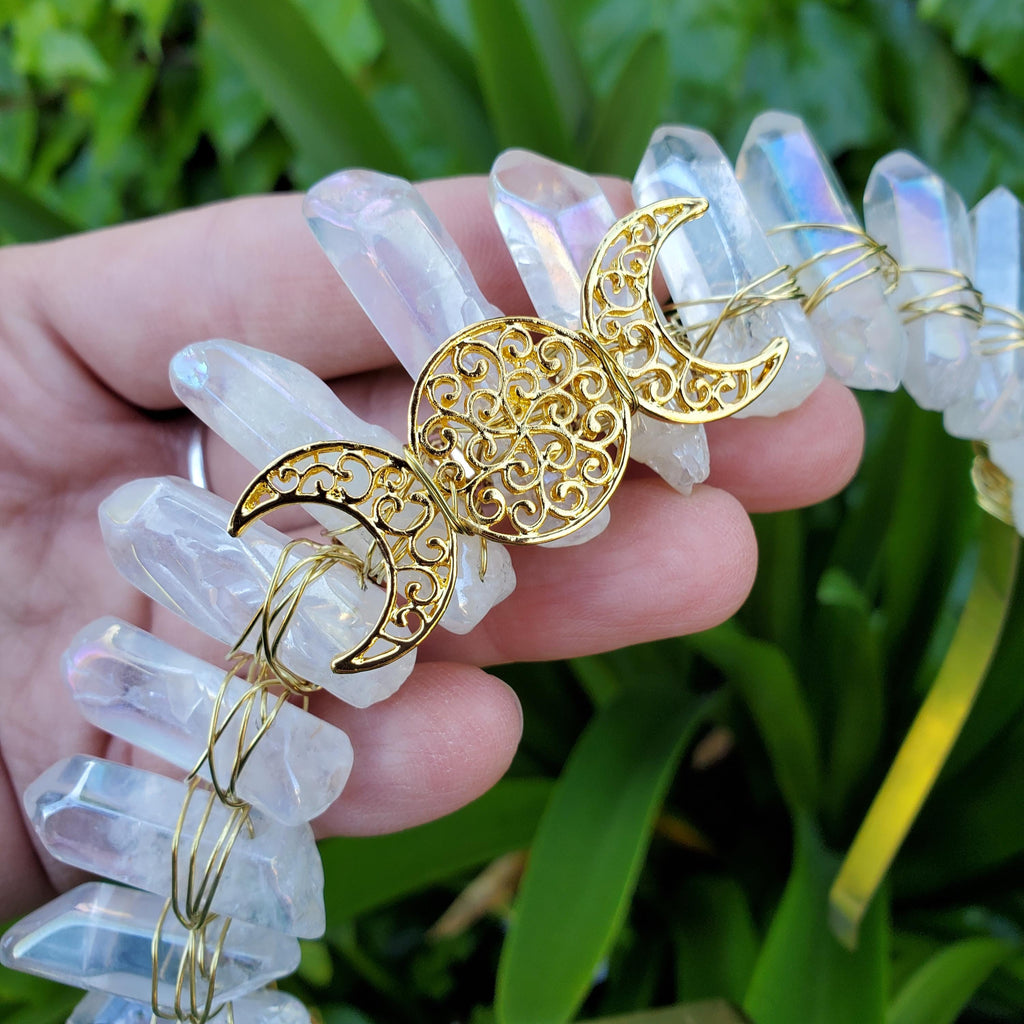 Aura Quartz Crown with Gold Moon Phase - Counteracts Negative, Energizes Positive Energy - Quartz Goddess Crown