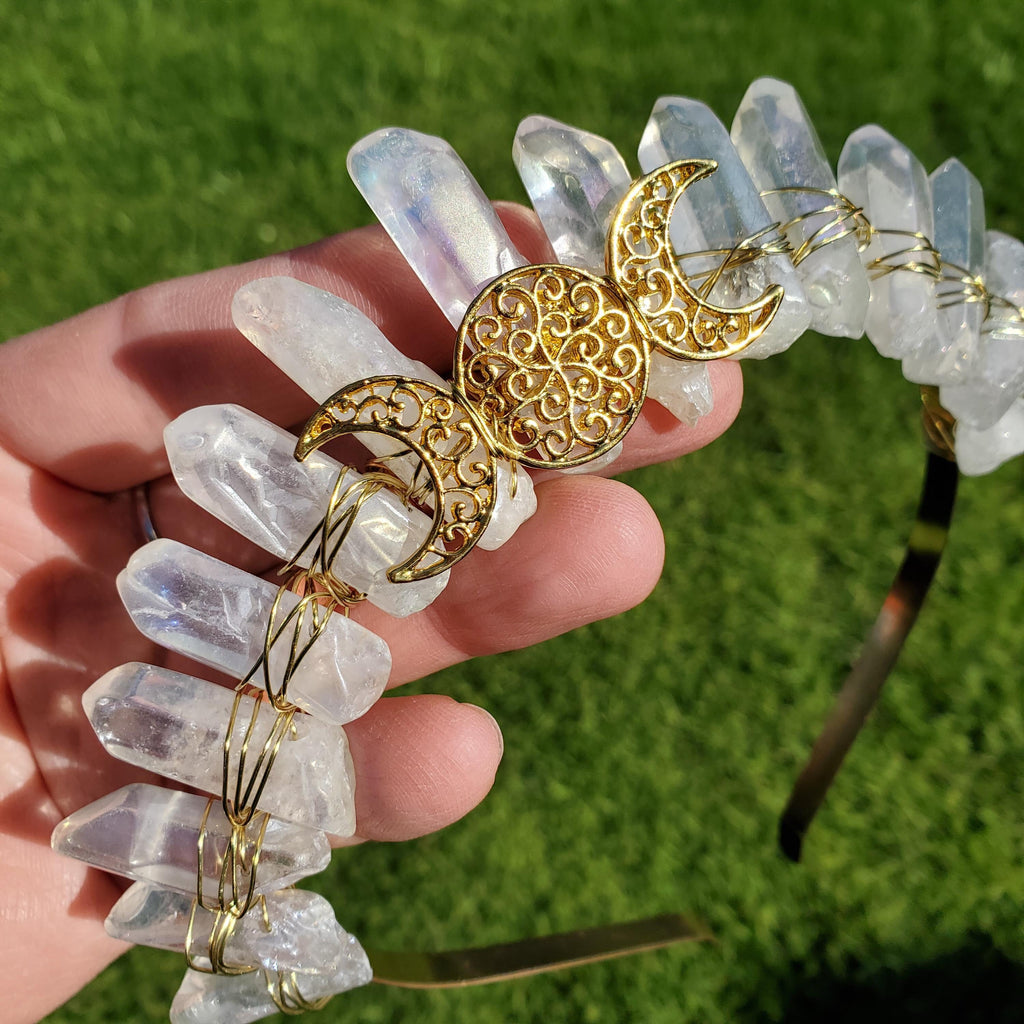 Aura Quartz Crown with Gold Moon Phase - Counteracts Negative, Energizes Positive Energy - Quartz Goddess Crown