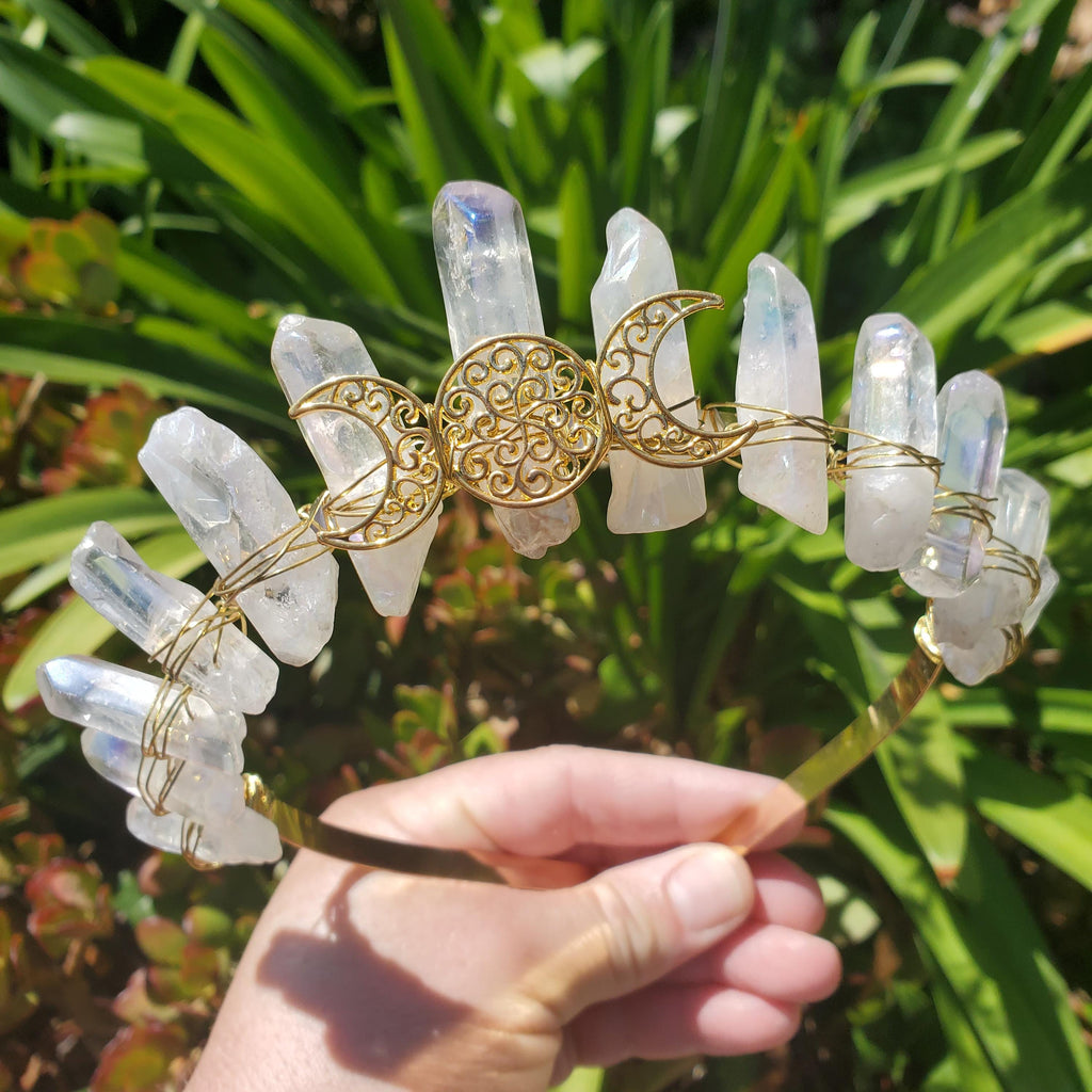 Aura Quartz Crown with Gold Moon Phase - Counteracts Negative, Energizes Positive Energy - Quartz Goddess Crown