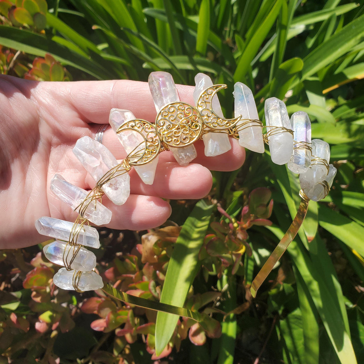 Aura Quartz Crown with Gold Moon Phase - Counteracts Negative, Energizes Positive Energy - Quartz Goddess Crown