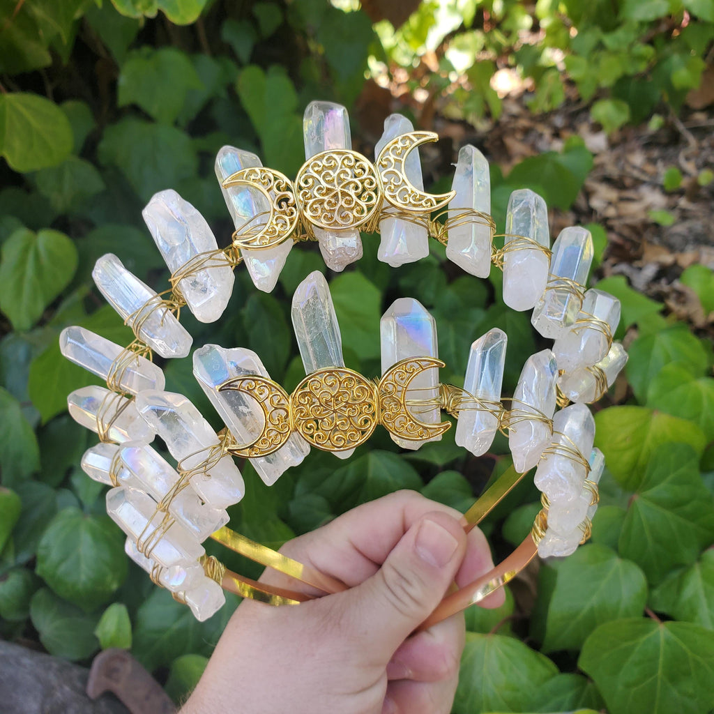 Aura Quartz Crown with Gold Moon Phase - Counteracts Negative, Energizes Positive Energy - Quartz Goddess Crown