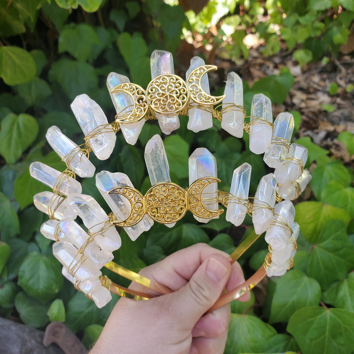 Aura Quartz Crown with Gold Moon Phase - Counteracts Negative, Energizes Positive Energy - Quartz Goddess Crown