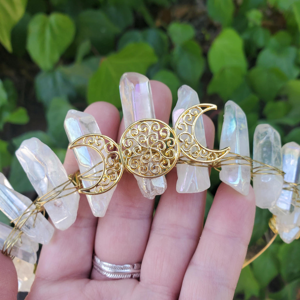 Aura Quartz Crown with Gold Moon Phase - Counteracts Negative, Energizes Positive Energy - Quartz Goddess Crown
