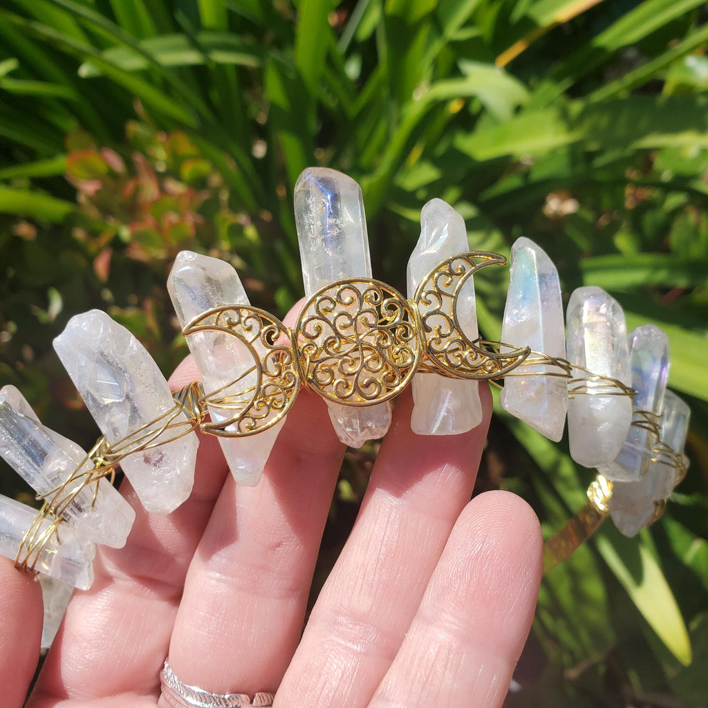 Aura Quartz Crown with Gold Moon Phase - Counteracts Negative, Energizes Positive Energy - Quartz Goddess Crown