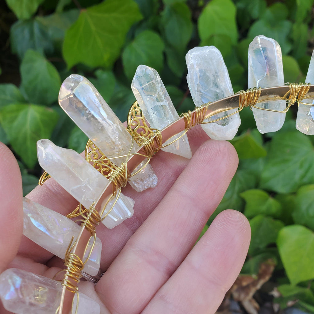 Aura Quartz Crown with Gold Moon Phase - Counteracts Negative, Energizes Positive Energy - Quartz Goddess Crown