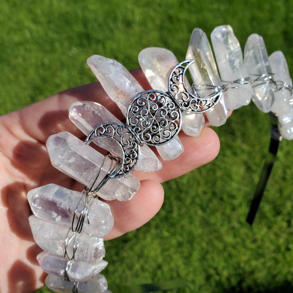 Aura Quartz Crown with Silver Moon Phase - Magnifies Your Intention, Counteracts Negative, Energizes Positive Energy - Quartz Goddess Crown
