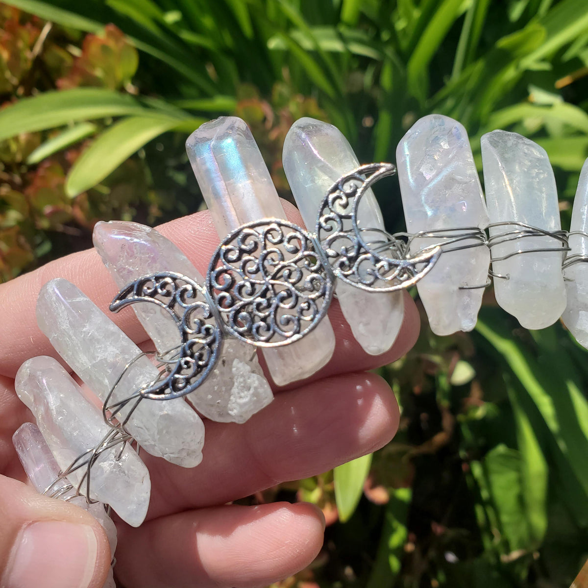 Aura Quartz Crown with Silver Moon Phase - Magnifies Your Intention, Counteracts Negative, Energizes Positive Energy - Quartz Goddess Crown