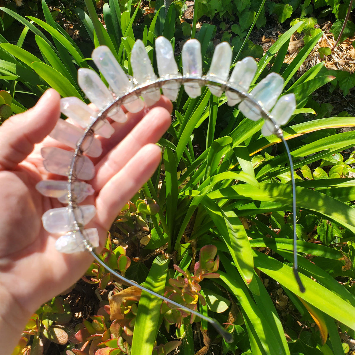 Aura Quartz Crown with Silver Moon Phase - Magnifies Your Intention, Counteracts Negative, Energizes Positive Energy - Quartz Goddess Crown