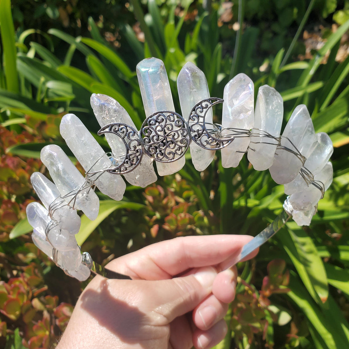 Aura Quartz Crown with Silver Moon Phase - Magnifies Your Intention, Counteracts Negative, Energizes Positive Energy - Quartz Goddess Crown