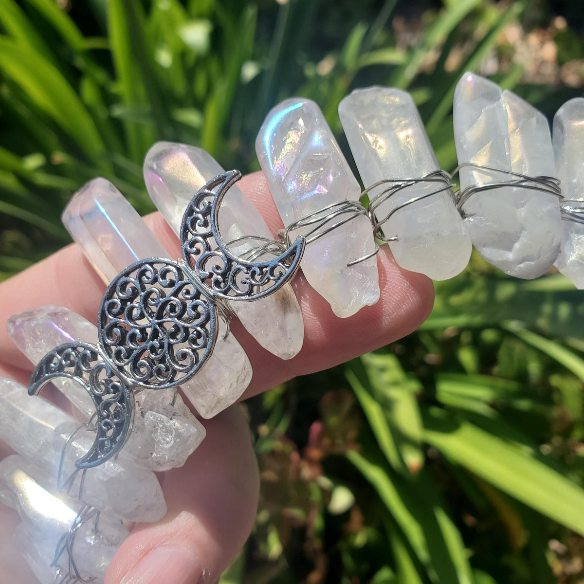 Aura Quartz Crown with Silver Moon Phase - Magnifies Your Intention, Counteracts Negative, Energizes Positive Energy - Quartz Goddess Crown