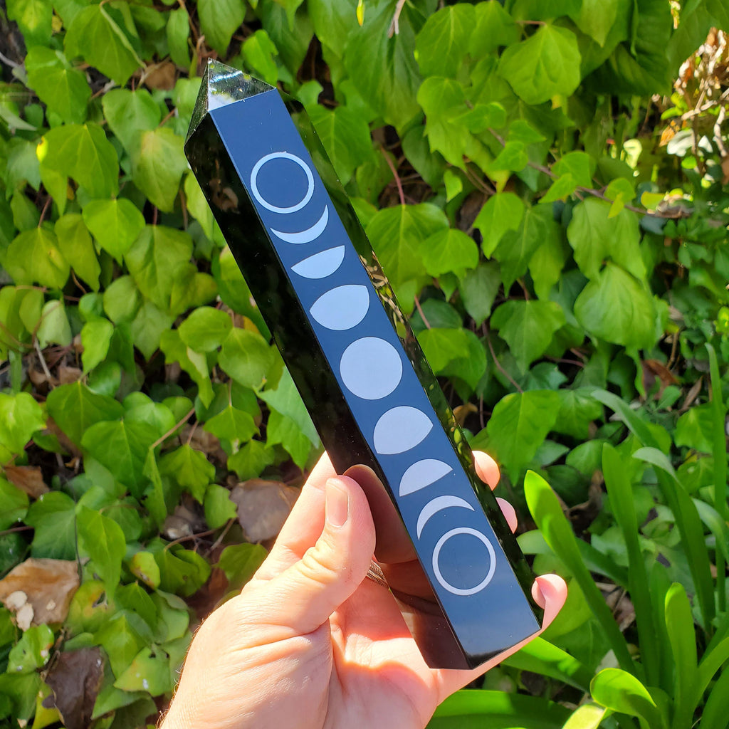 8" Big Obsidian Tower with Silver Moon Phase - Self Reflection, Release Negative Energies - Obsidian Black Statement Healing Gemstones
