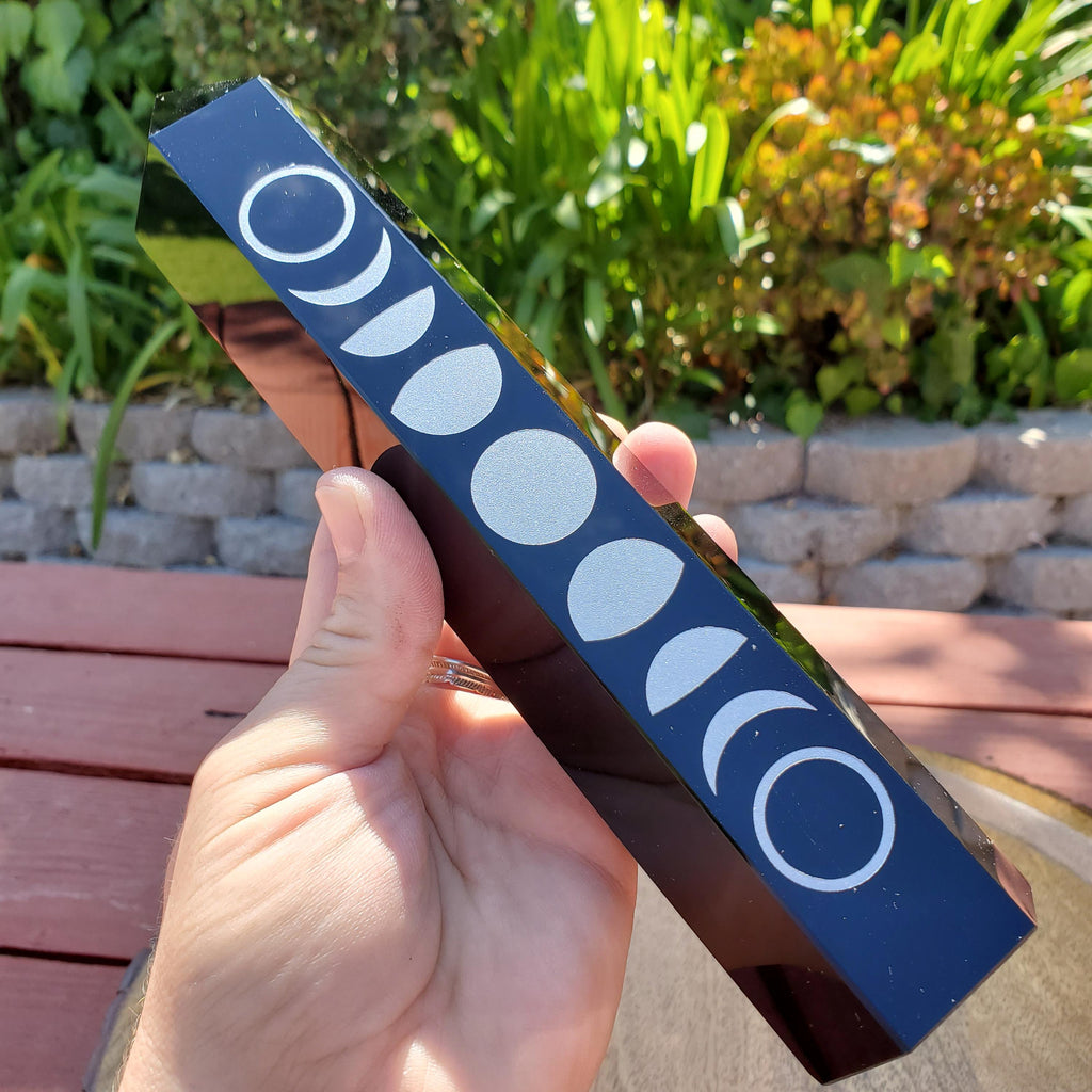 8" Big Obsidian Tower with Silver Moon Phase - Self Reflection, Release Negative Energies - Obsidian Black Statement Healing Gemstones