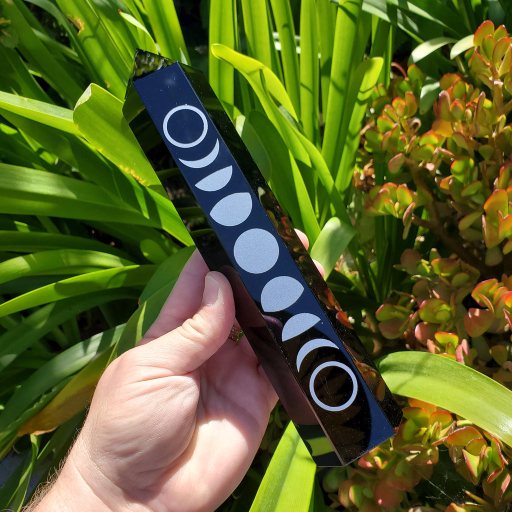 8" Big Obsidian Tower with Silver Moon Phase - Self Reflection, Release Negative Energies - Obsidian Black Statement Healing Gemstones