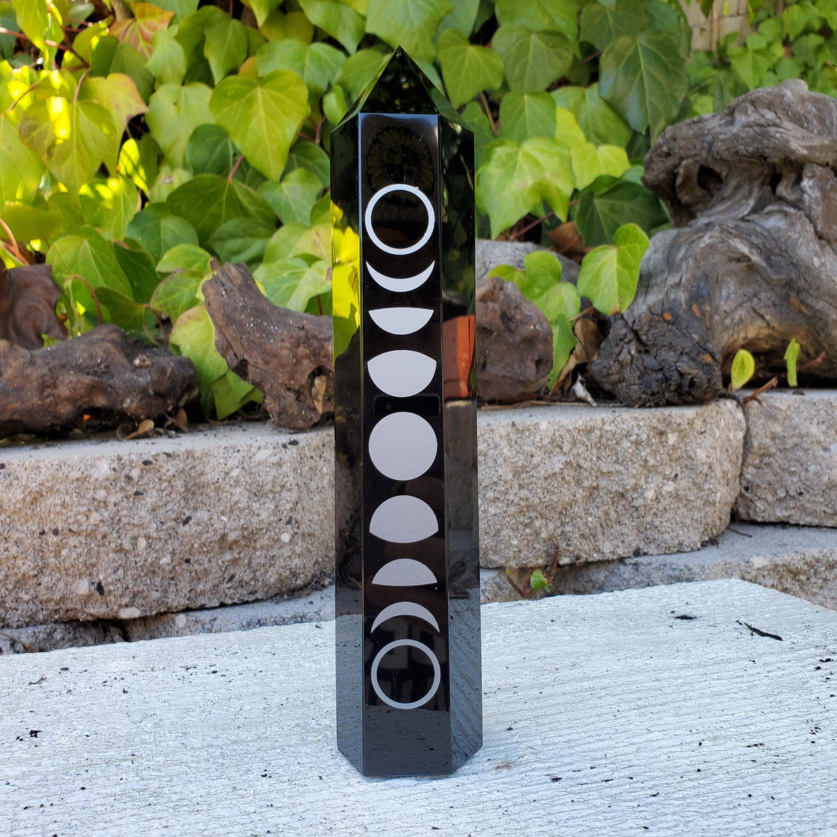 8" Big Obsidian Tower with Silver Moon Phase - Self Reflection, Release Negative Energies - Obsidian Black Statement Healing Gemstones