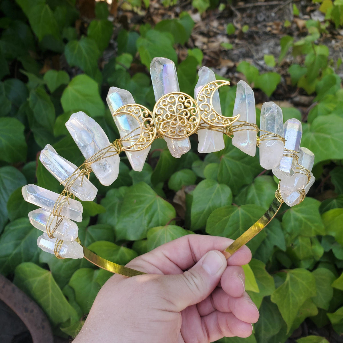 Aura Quartz Crown with Gold Moon Phase - Counteracts Negative, Energizes Positive Energy - Quartz Goddess Crown