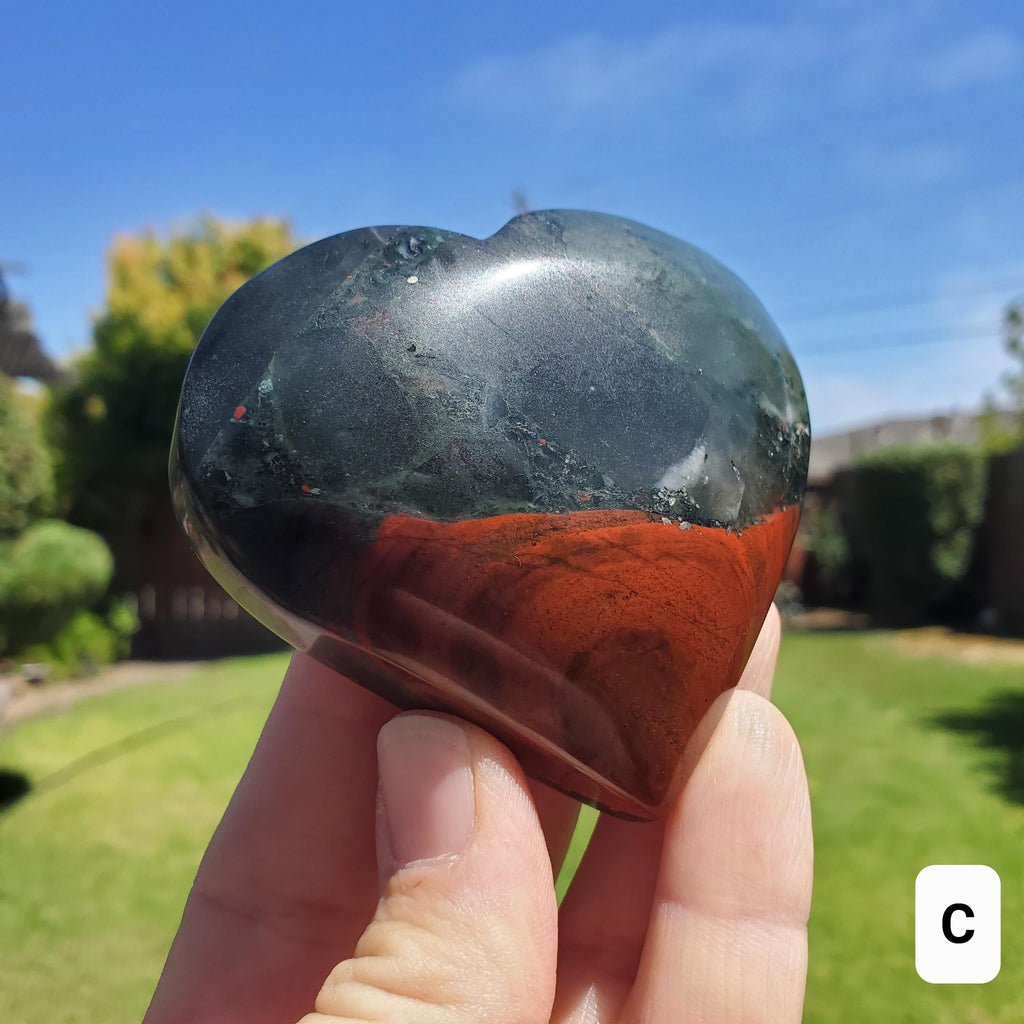 Chunky African Bloodstone Heart- Calming, Grounding, Persistence, Courage - Black and Red Crystal Heart Carving Crystal Gemstone