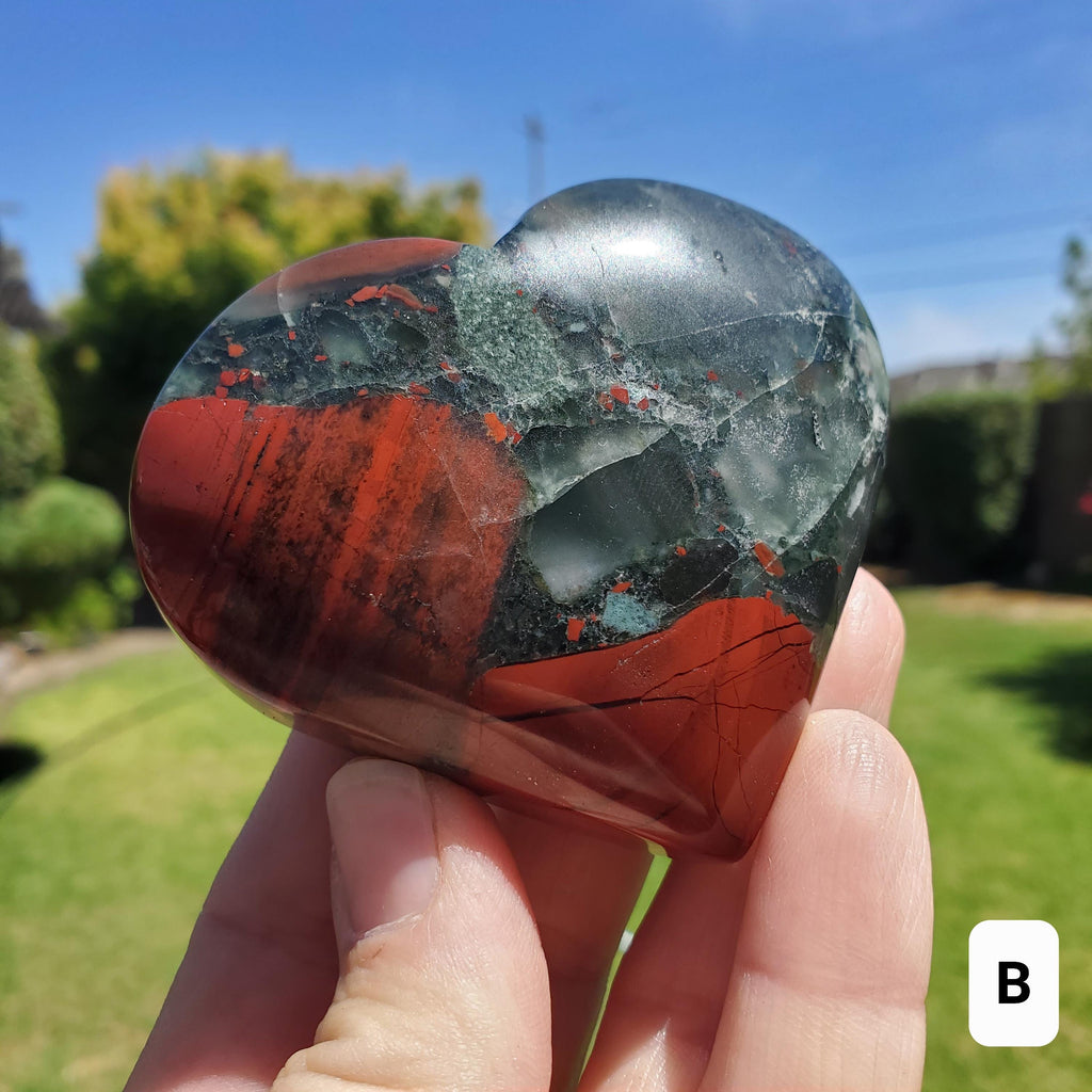 Chunky African Bloodstone Heart- Calming, Grounding, Persistence, Courage - Black and Red Crystal Heart Carving Crystal Gemstone