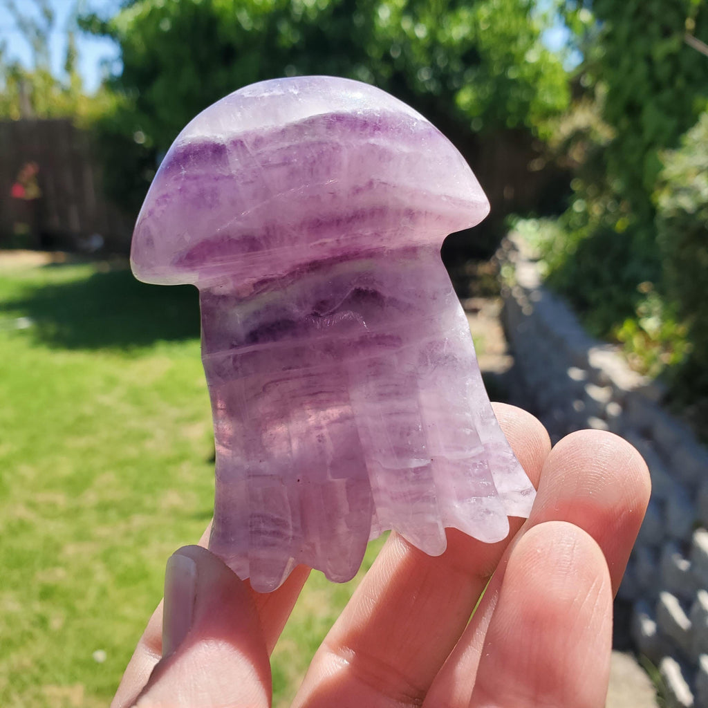 Banded Purple Fluorite Jellyfish - Stability, Concentration, Energetic Protection - Crystal Jellyfish Carving Healing Crystal Gemstone