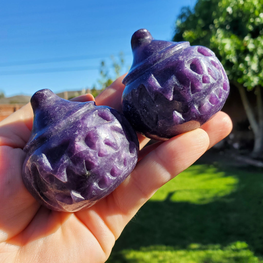 Lepidolite Purple Pumpkin - Helps You Through Change, Anti-Anxiety, Calming, Relaxing - Purple Jack O Lantern with Witch Hat Halloween Decor