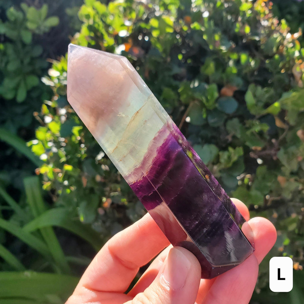 Rainbow Fluorite Tower - Stability, Concentration, Protection - Purple Banded Fluorite Crystal Point Healing Gemstone