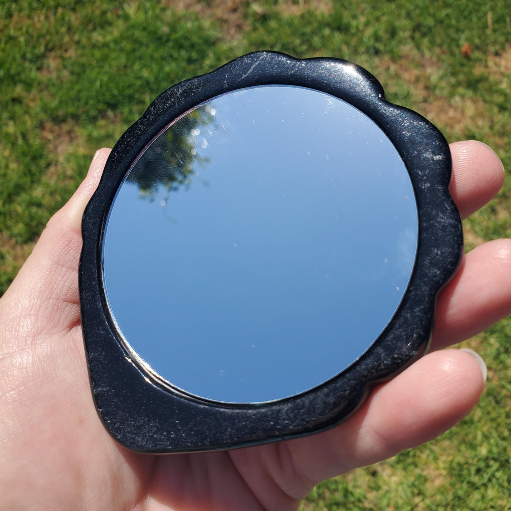 Obsidian Shell Mirror - Self Reflection, Release Negative Energies - Black Mirror Carving Crystal Decor for Makeup Vanity or Bathroom