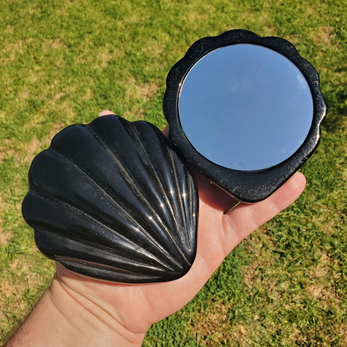 Obsidian Shell Mirror - Self Reflection, Release Negative Energies - Black Mirror Carving Crystal Decor for Makeup Vanity or Bathroom