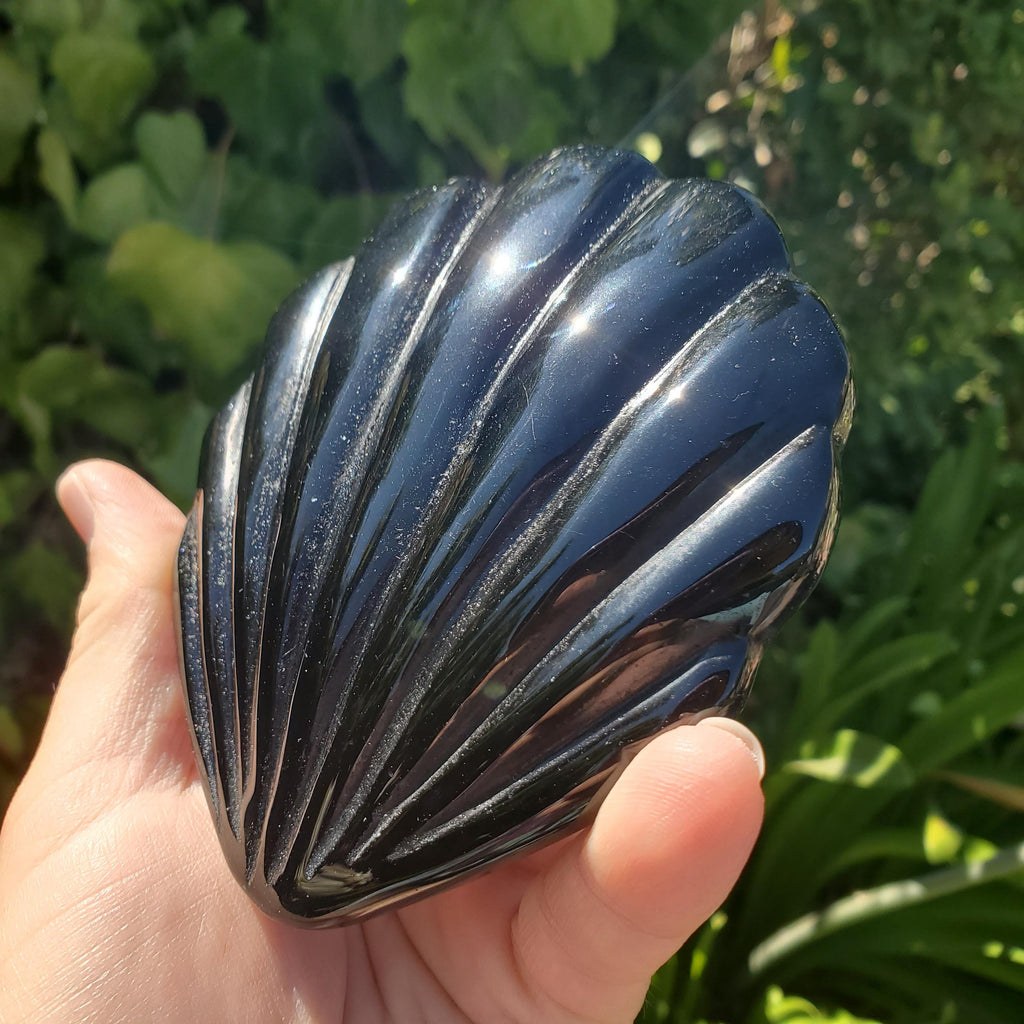 Obsidian Shell Mirror - Self Reflection, Release Negative Energies - Black Mirror Carving Crystal Decor for Makeup Vanity or Bathroom
