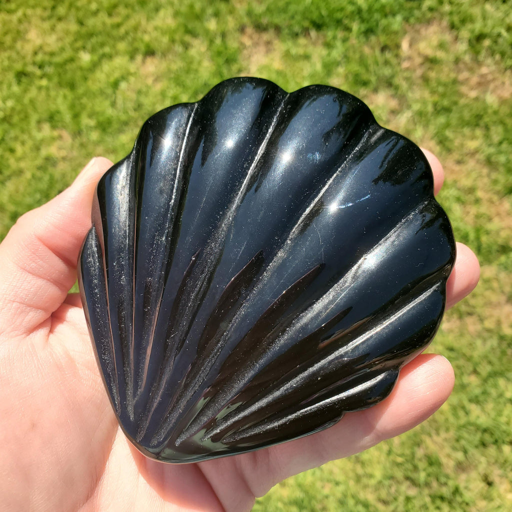 Obsidian Shell Mirror - Self Reflection, Release Negative Energies - Black Mirror Carving Crystal Decor for Makeup Vanity or Bathroom