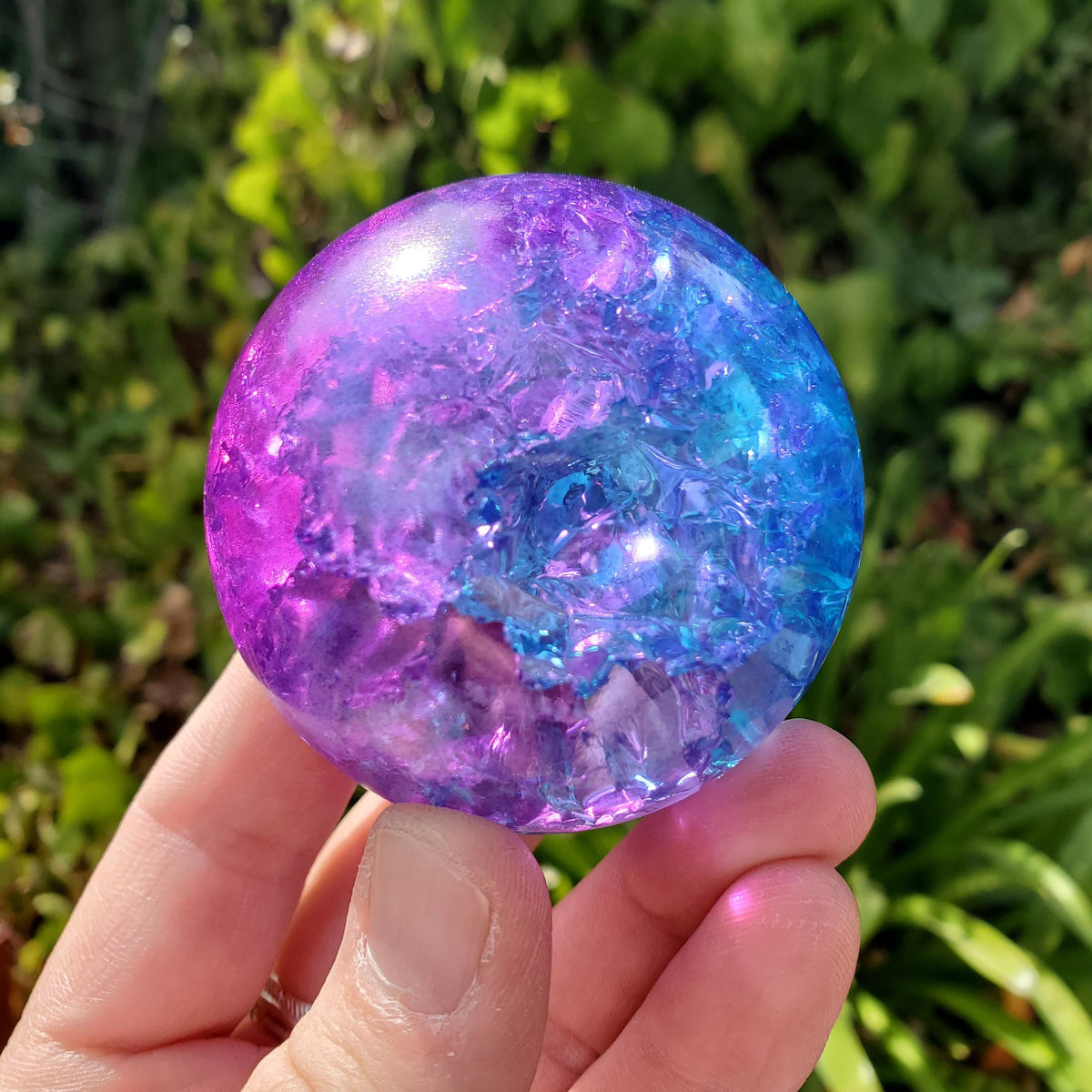Pink & Blue Crackle Sphere - Light Reflecting One of a Kind Crystal Ball - 2.3" Colored Glass Ball Home Decor Glass Statement Piece