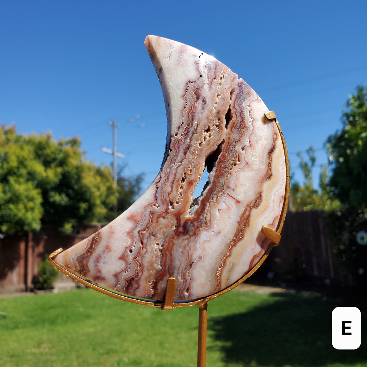 Pink Lace Agate Moon on Stand - Balance of the Physical, Mental & Emotional - Pink Moon Crystal Carving Healing Gemstone