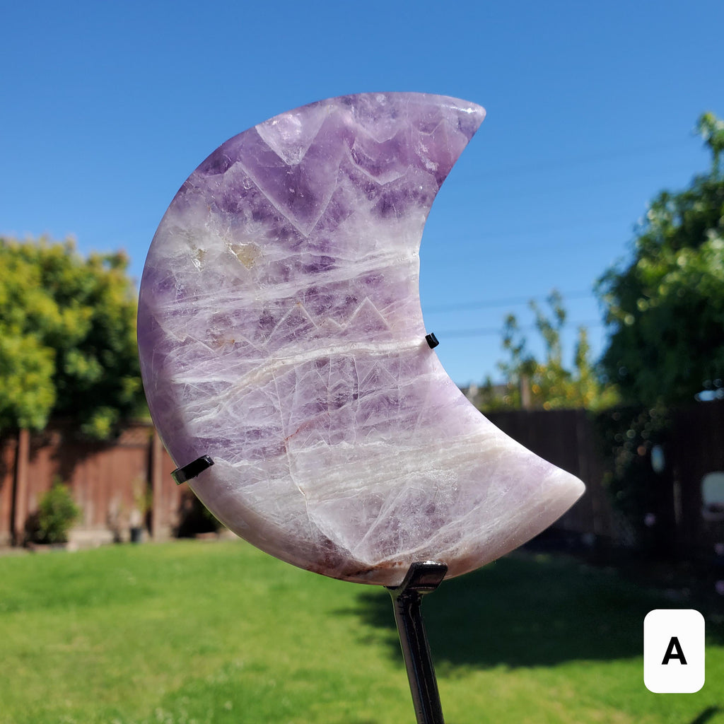 Light Dream Amethyst Moon on Stand - Calming, Energetic Protection, Positivity, Divine Love - Purple Amethyst Moon Crystal Gemstone