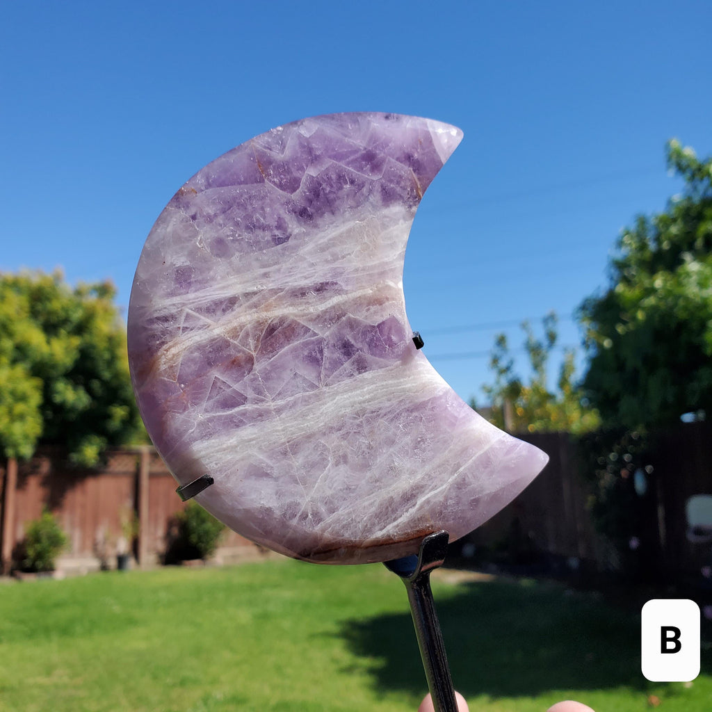 Light Dream Amethyst Moon on Stand - Calming, Energetic Protection, Positivity, Divine Love - Purple Amethyst Moon Crystal Gemstone