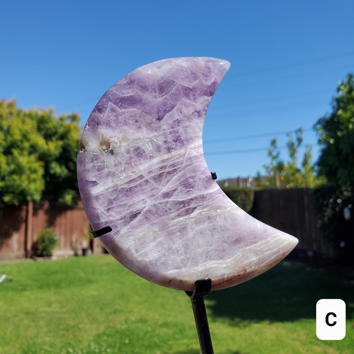 Light Dream Amethyst Moon on Stand - Calming, Energetic Protection, Positivity, Divine Love - Purple Amethyst Moon Crystal Gemstone