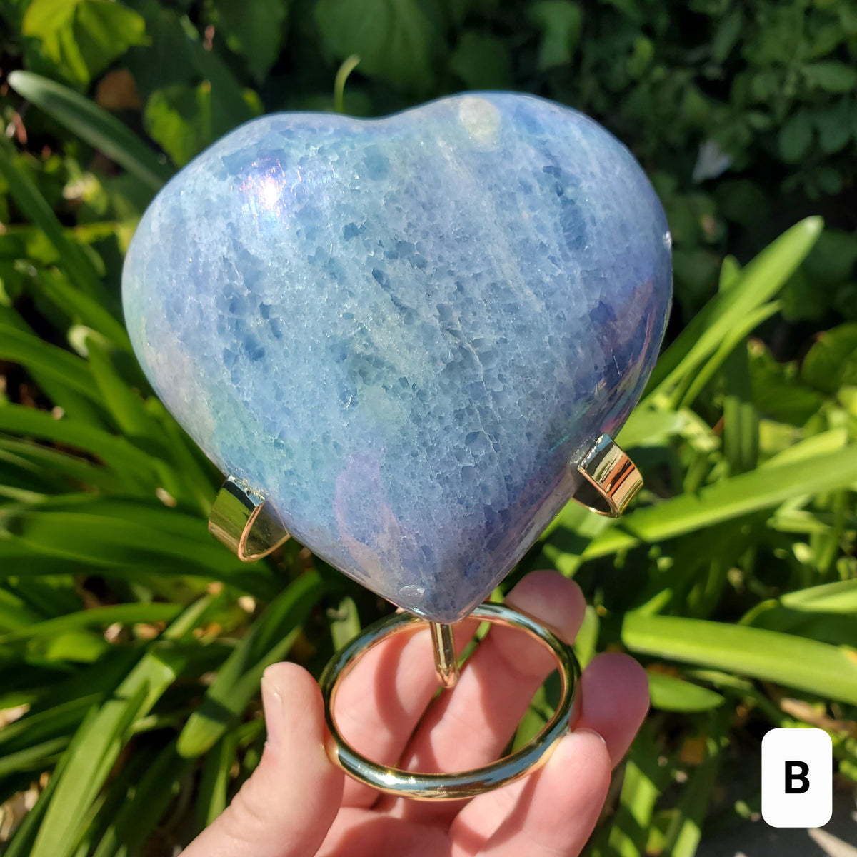 Aura Blue Calcite Heart on Stand - Soothing, Transmutes Negativity, Protective, Dream Recall - Calcite Crystal Heart Healing Gemstones