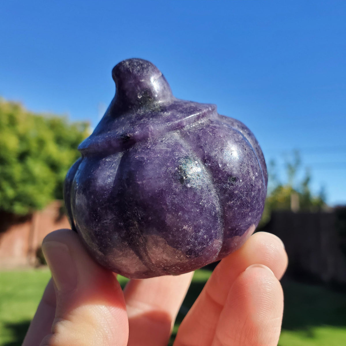 Lepidolite Purple Pumpkin - Helps You Through Change, Anti-Anxiety, Calming, Relaxing - Purple Jack O Lantern with Witch Hat Halloween Decor