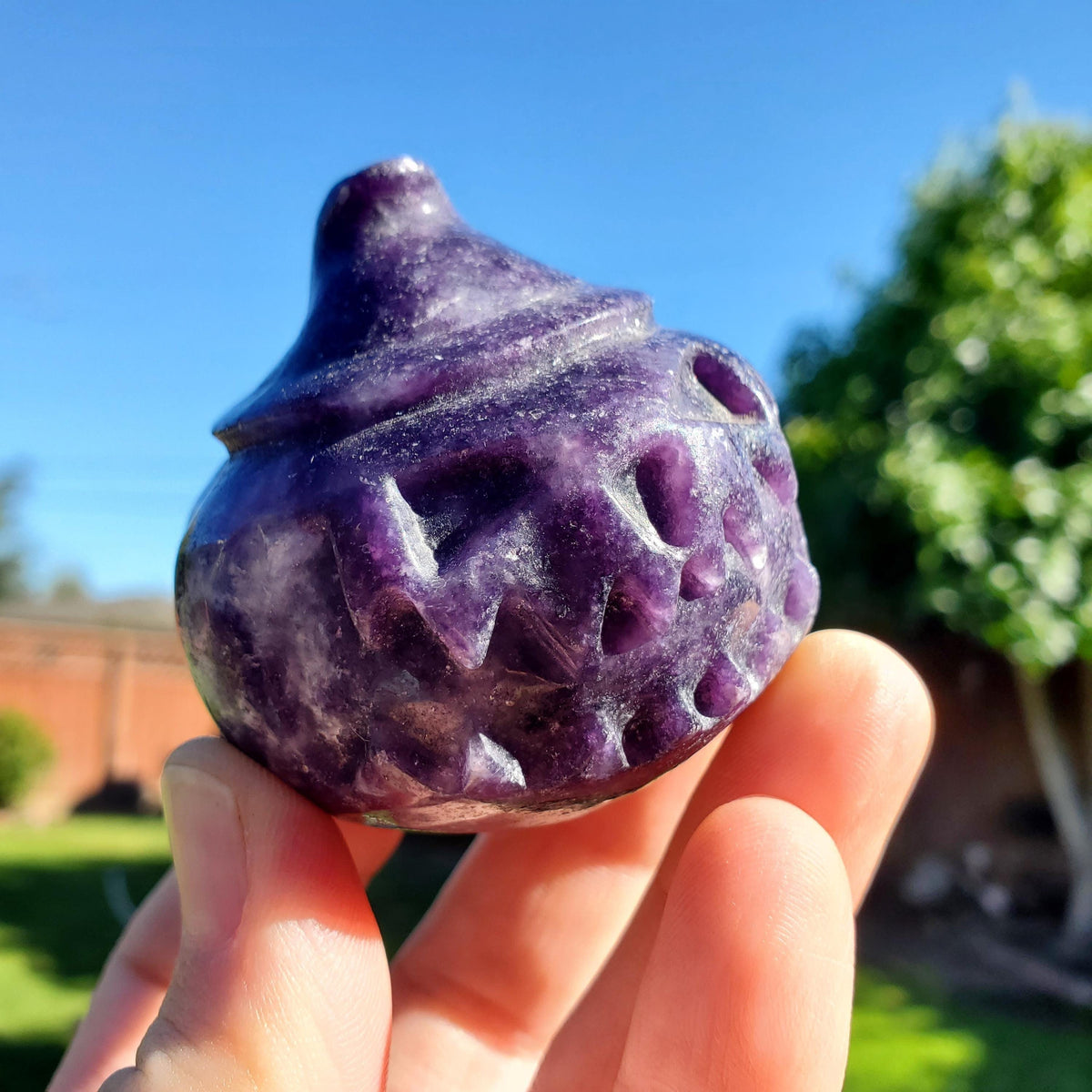Lepidolite Purple Pumpkin - Helps You Through Change, Anti-Anxiety, Calming, Relaxing - Purple Jack O Lantern with Witch Hat Halloween Decor
