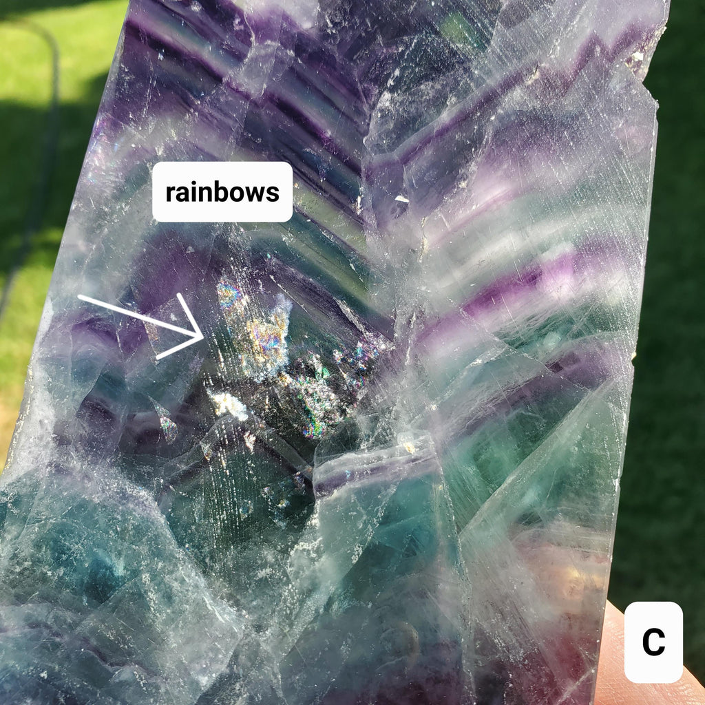 Rainbow Fluorite Slab & Charging Plate with Light - Mental Concentration, Energetic Protection, Positivity - Raw Edge Crystal Display Stand