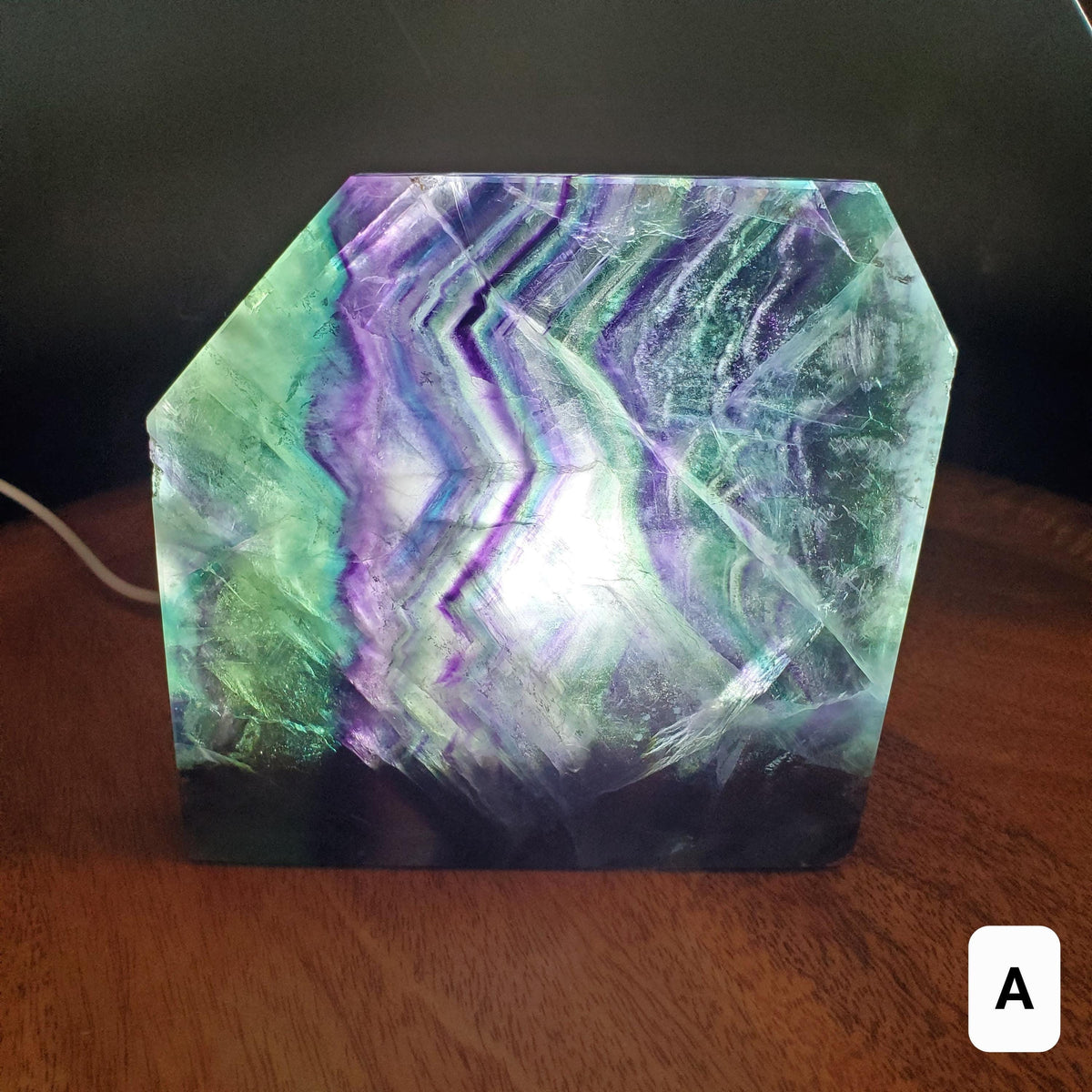 Rainbow Fluorite Slab & Charging Plate with Light - Mental Concentration, Energetic Protection, Positivity - Raw Edge Crystal Display Stand