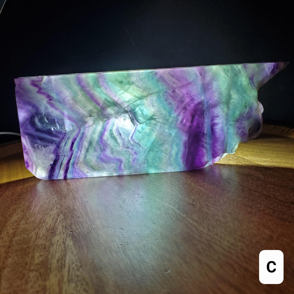 Rainbow Fluorite Slab & Charging Plate with Light - Mental Concentration, Energetic Protection, Positivity - Raw Edge Crystal Display Stand