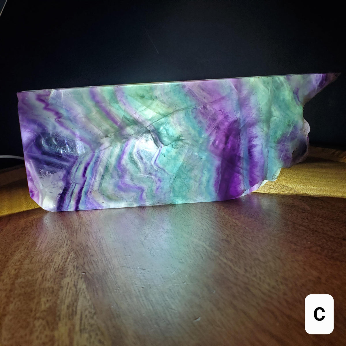 Rainbow Fluorite Slab & Charging Plate with Light - Mental Concentration, Energetic Protection, Positivity - Raw Edge Crystal Display Stand