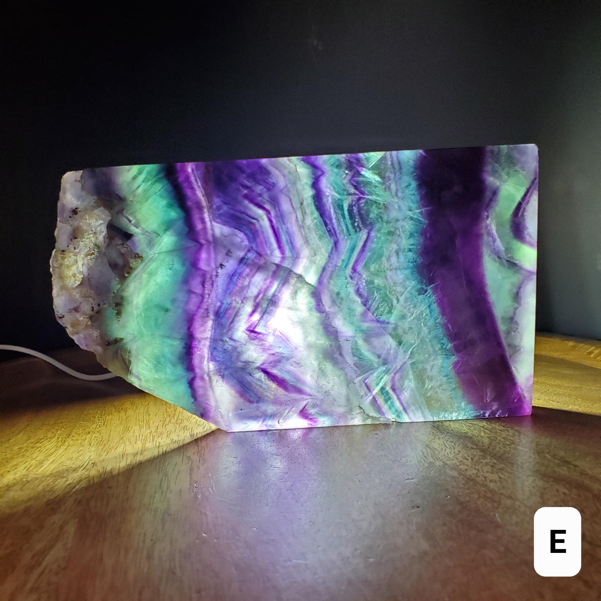 Rainbow Fluorite Slab & Charging Plate with Light - Mental Concentration, Energetic Protection, Positivity - Raw Edge Crystal Display Stand