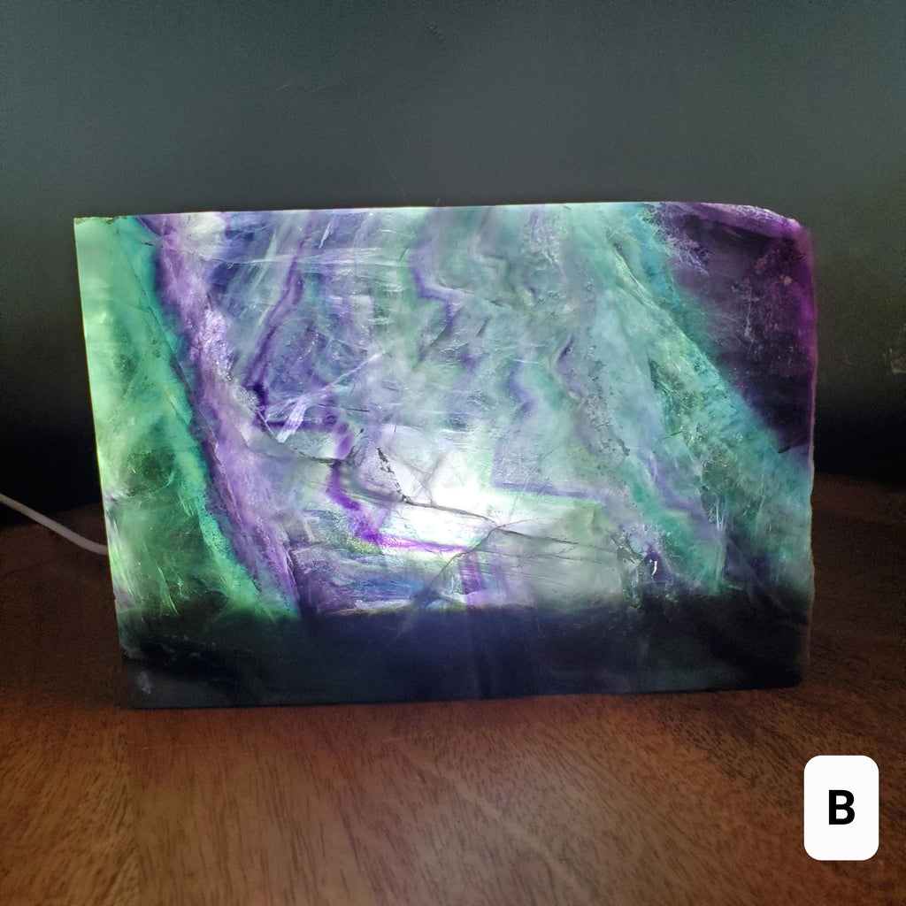 Rainbow Fluorite Slab & Charging Plate with Light - Mental Concentration, Energetic Protection, Positivity - Raw Edge Crystal Display Stand