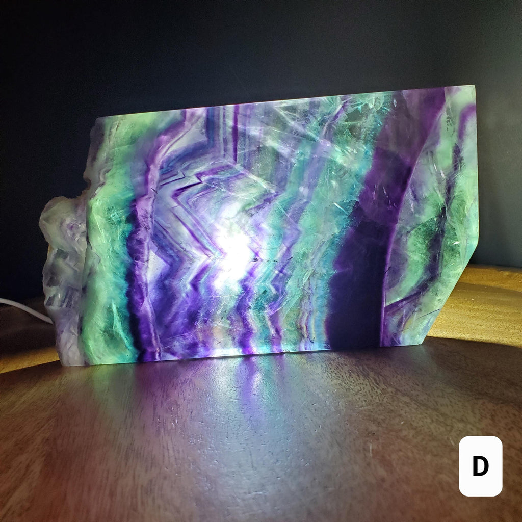 Rainbow Fluorite Slab & Charging Plate with Light - Mental Concentration, Energetic Protection, Positivity - Raw Edge Crystal Display Stand