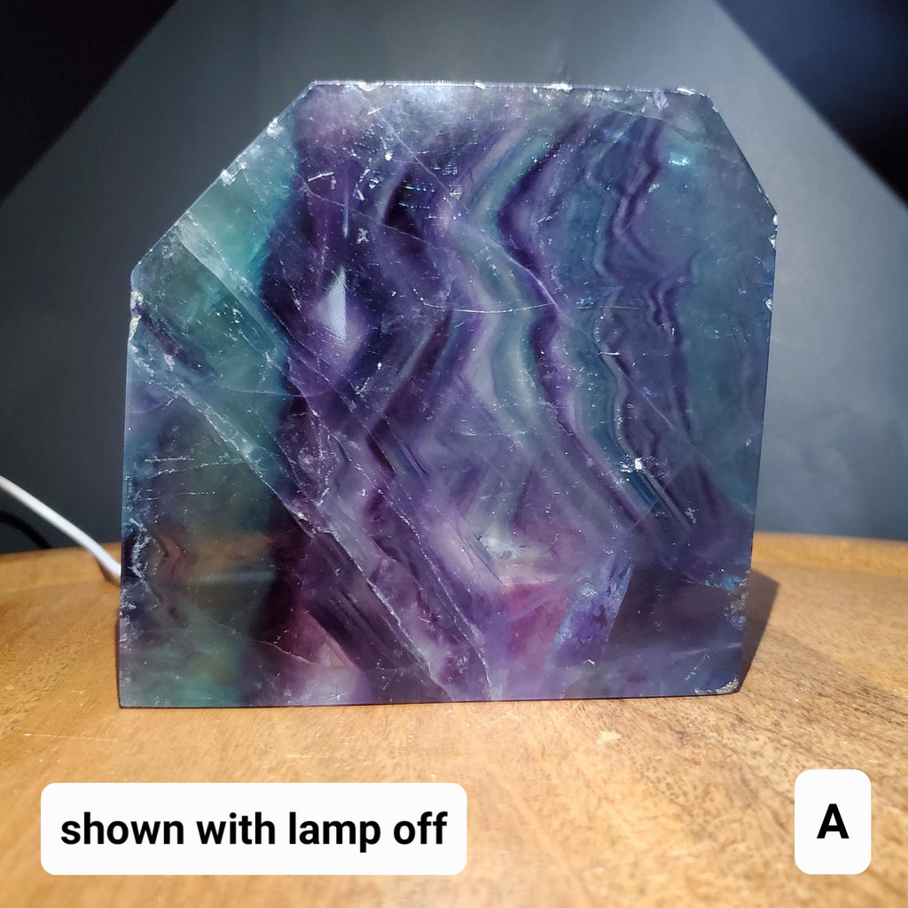 Rainbow Fluorite Slab & Charging Plate with Light - Mental Concentration, Energetic Protection, Positivity - Raw Edge Crystal Display Stand