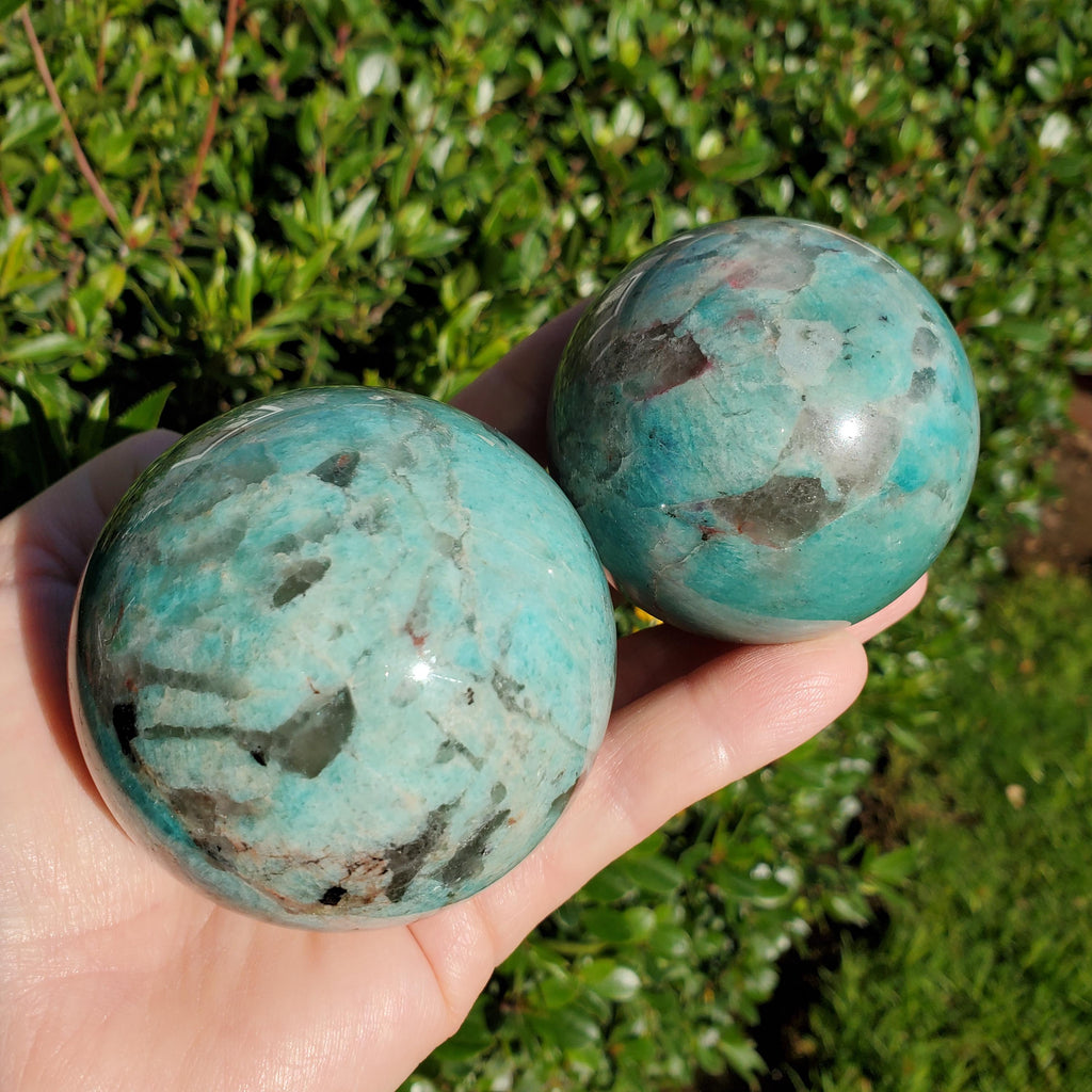 Amazonite Sphere with Smoky Quartz - Calming, Courage, Truth, Compassion - Amazonite Teal Crystal Ball Healing Gemstones