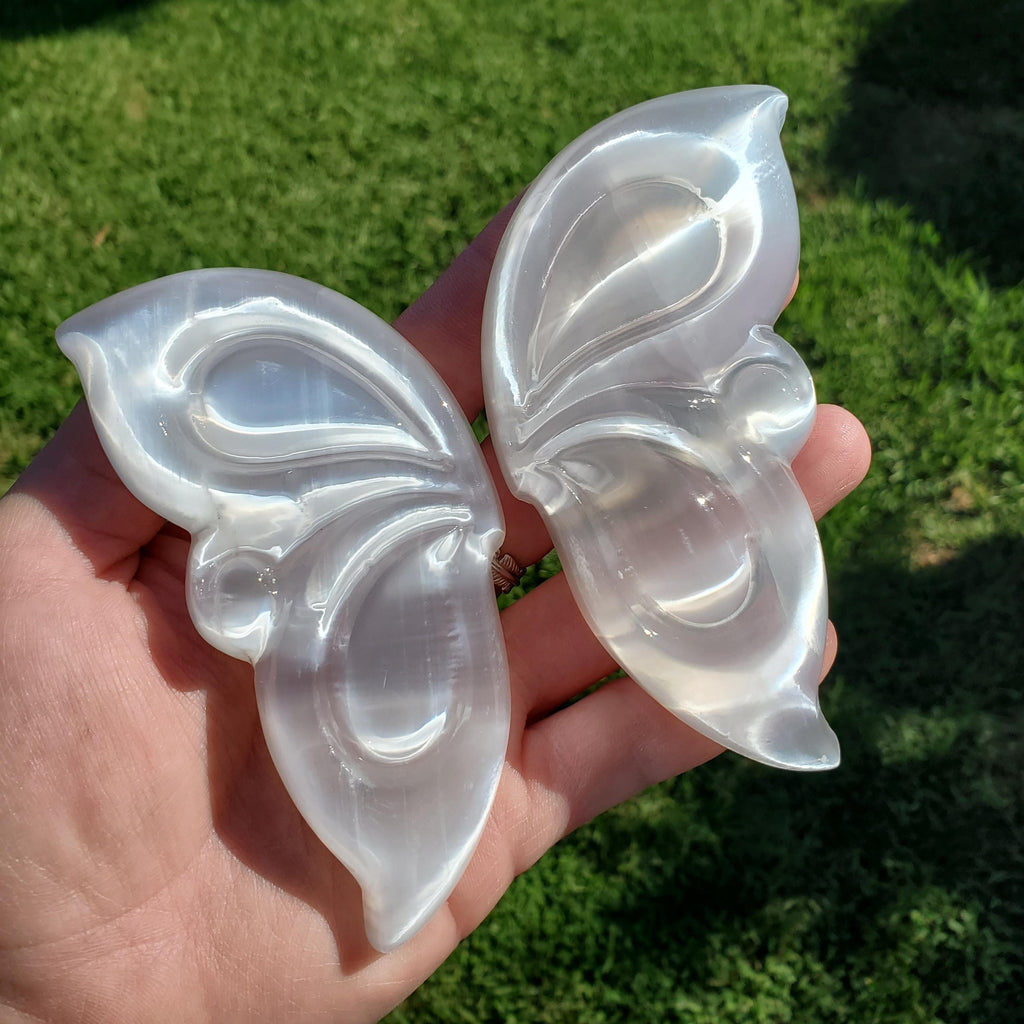 Selenite Butterfly Wings on Stand - Tranquility, Blessings, Love & Light - Satin Spar Selenite Wings Healing Stone Crystals