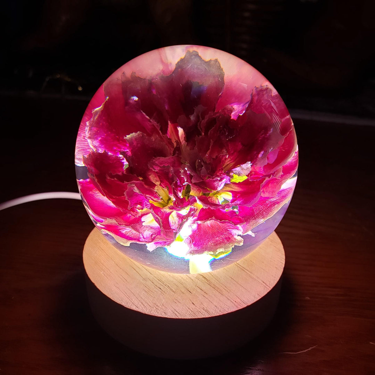 Pink Carnation Resin Sphere with Light Base | Handmade Resin Craft with Real Carnation Inside - Home Décor Night Light, Accent Lighting