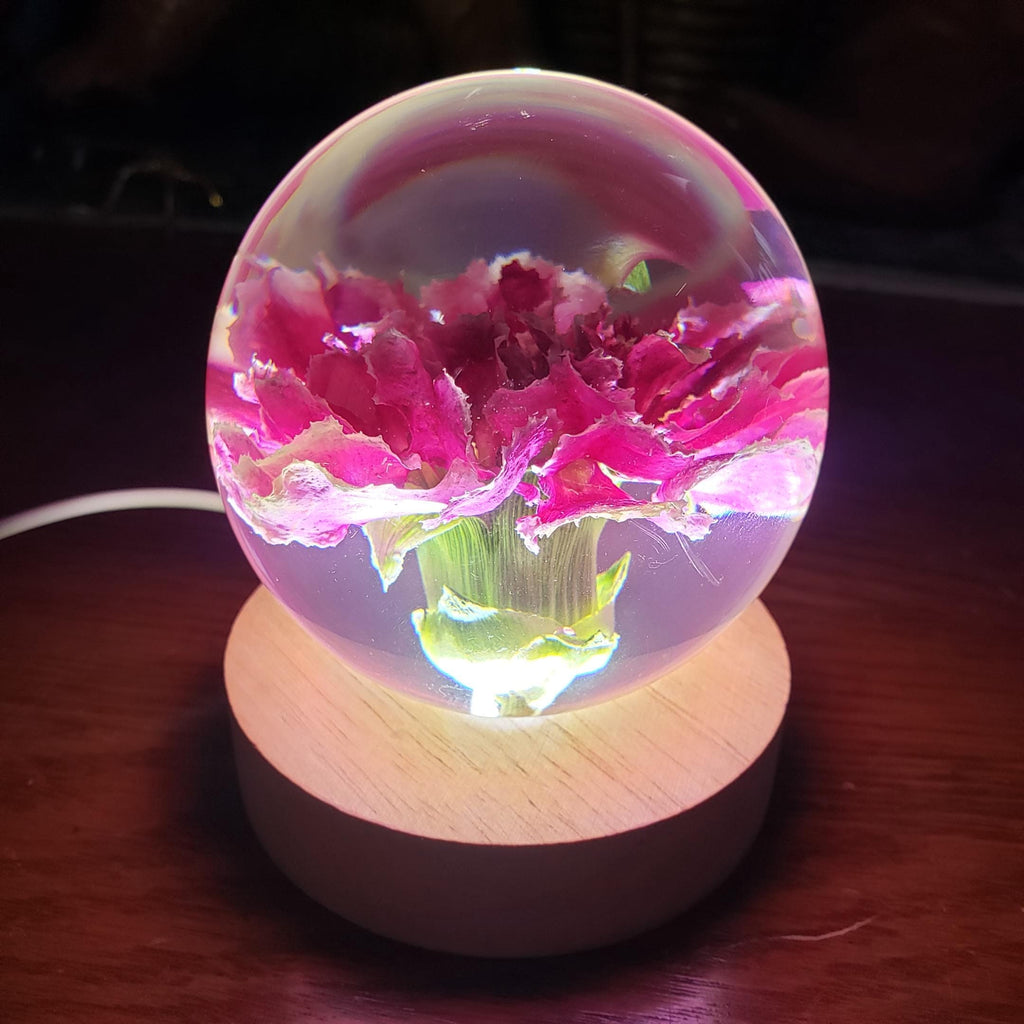 Pink Carnation Resin Sphere with Light Base | Handmade Resin Craft with Real Carnation Inside - Home Décor Night Light, Accent Lighting