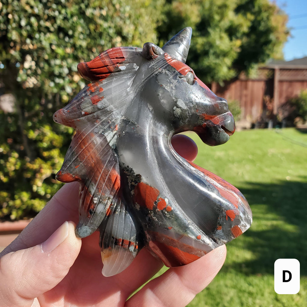 African Bloodstone Unicorn - Calming, Grounding, Persistence, Courage - Black and Red Crystal Unicorn Carving Statement Display